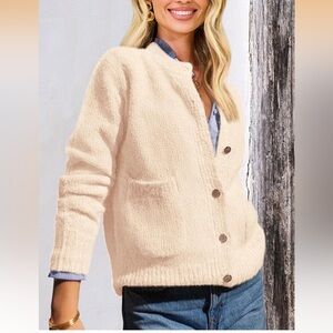 Cozy Cream Cardigan with Pockets Knit Boucle Sweaters Casual Long Sleeve Button